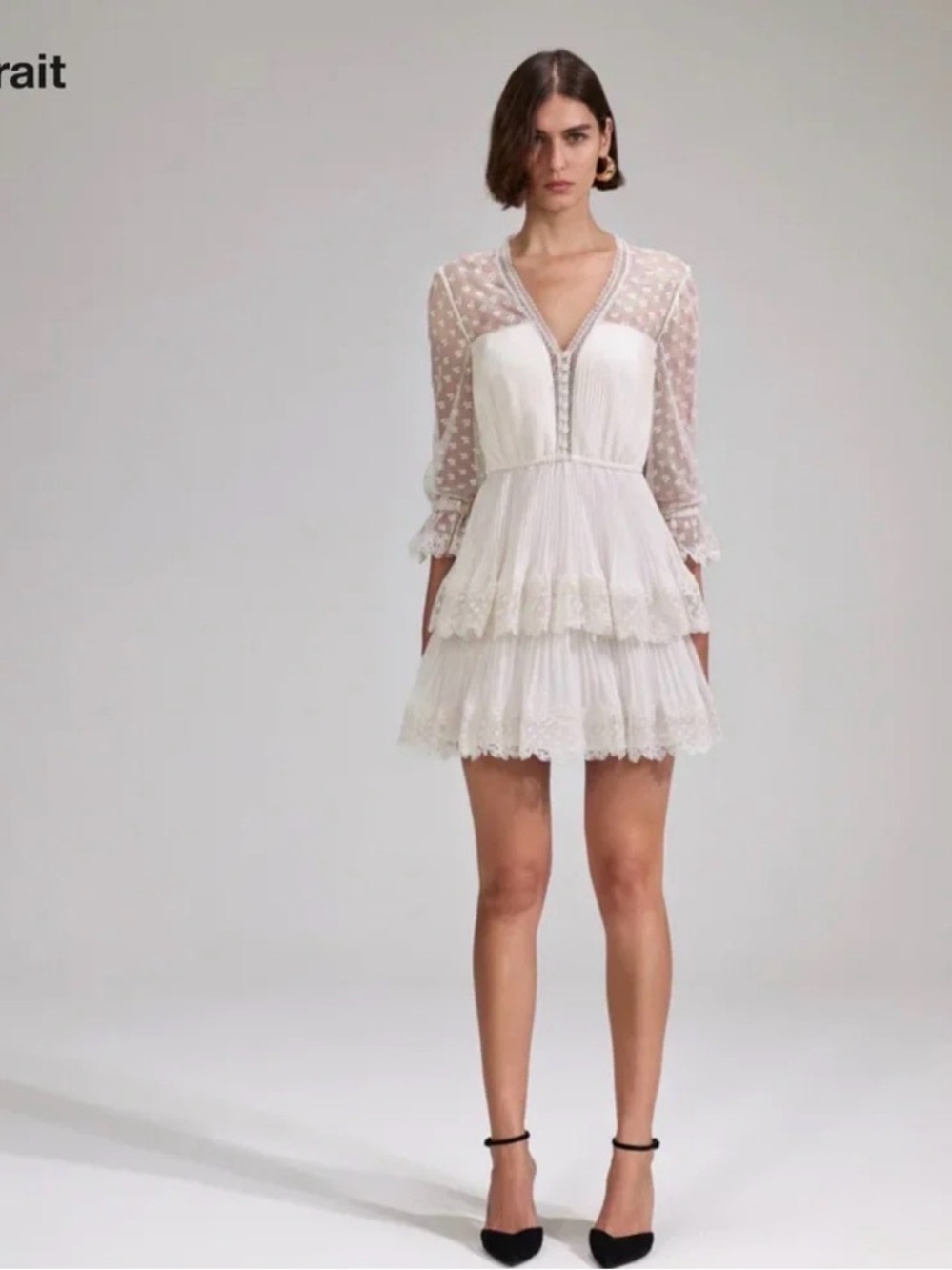 New Self-Portrait Chiffon Lace Tiered Mini Dress - US6